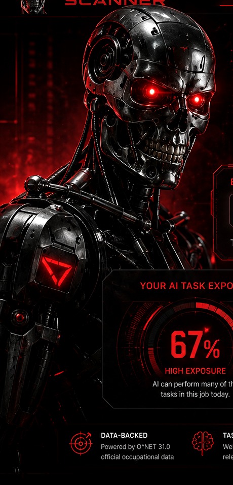 Red-eyed cyborg AI Job Risk Scanner mascot